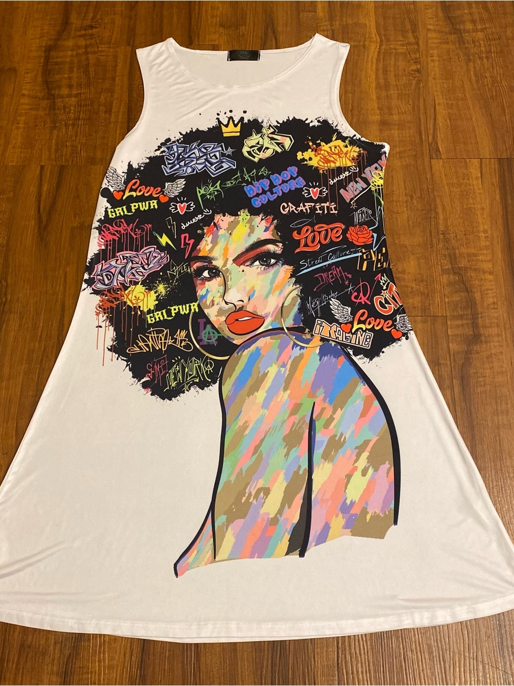 New Graphic Multicolor Afro Portrait Tank Swing Dress - White